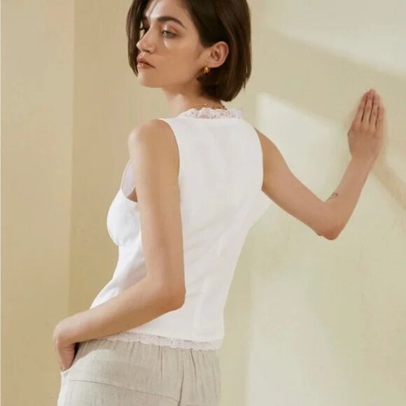 Commense Tied Lace Trim Linen Tank Top - Picture 3 of 6